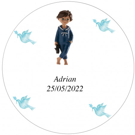 Adesivo 3cm comunhão menino personalizado com nome e data fundo transparente
