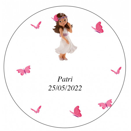 Adesivo de comunhão menina com design de borboletas rosas 3cm e fundo transparente