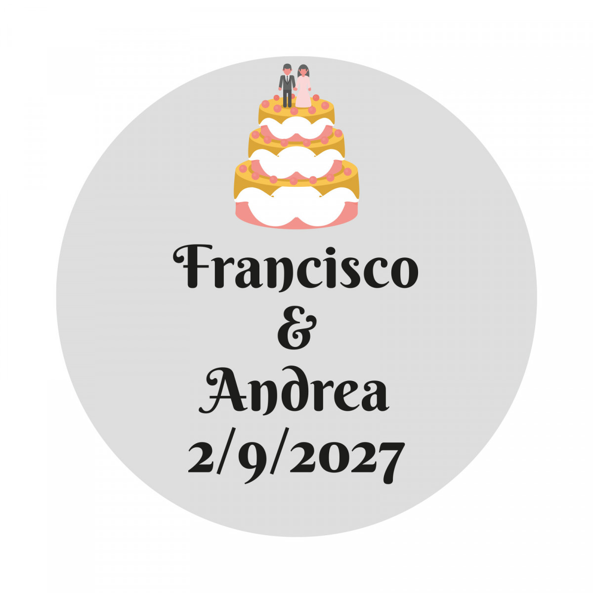 Adesivo 3cm casamento personalizado com design de bolo de noiva e fundo transparente