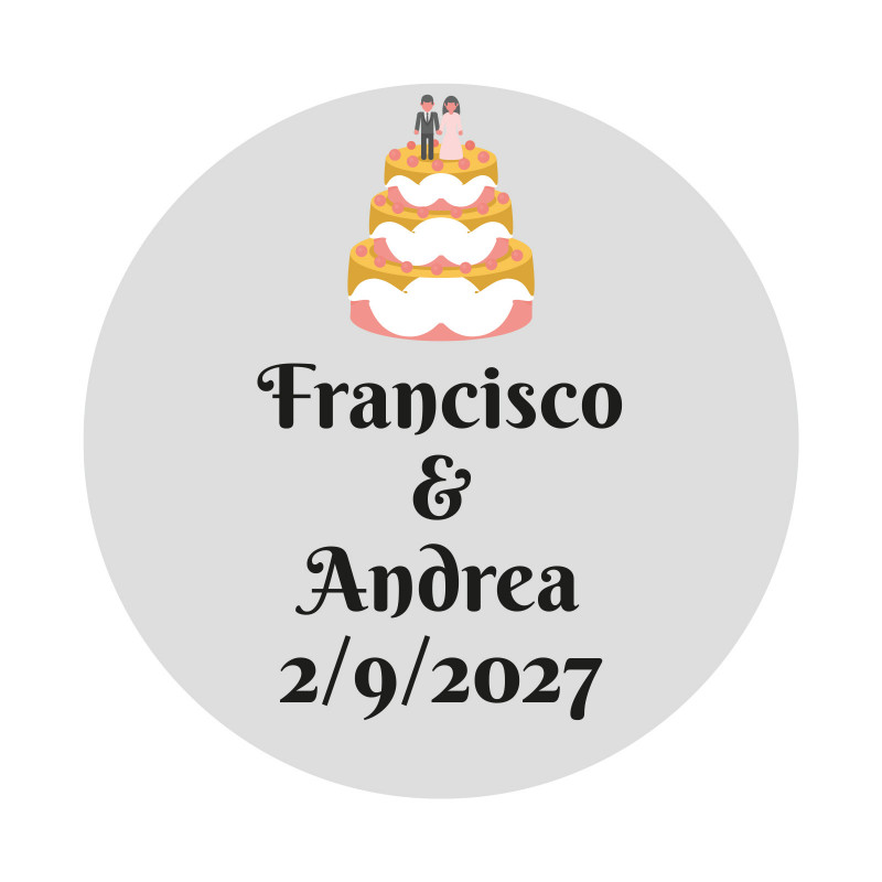 Adesivo 3cm casamento personalizado com design de bolo de noiva e fundo transparente