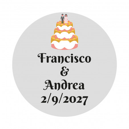 Adesivo 3cm casamento personalizado com design de bolo de noiva e fundo transparente