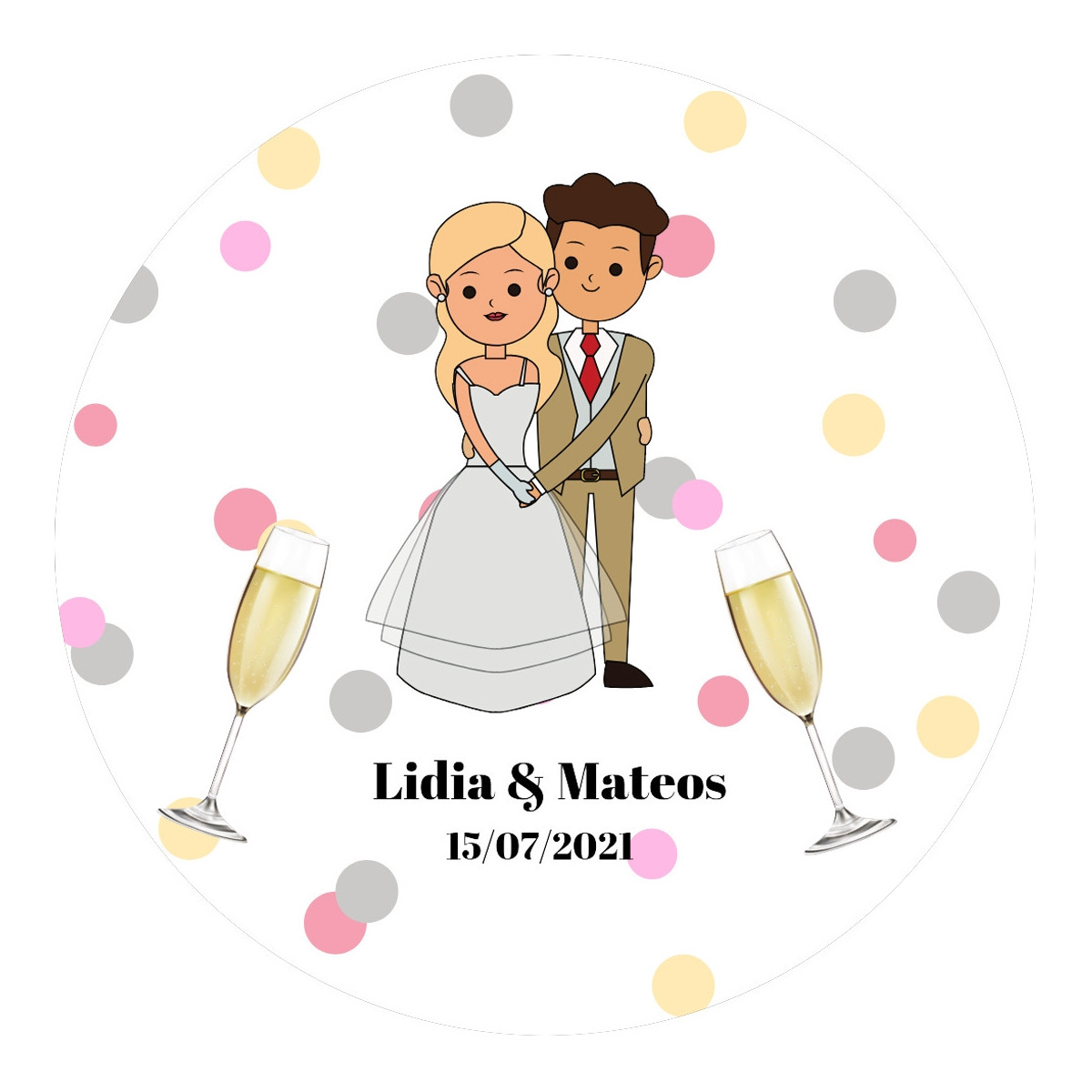 Adesivo de casamento personalizado com casal de noivos e taças 3cm