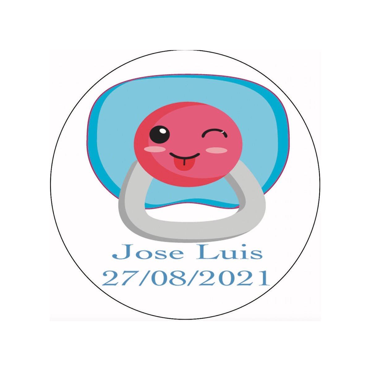 Adesivo 3cm batizado personalizado com chupeta azul