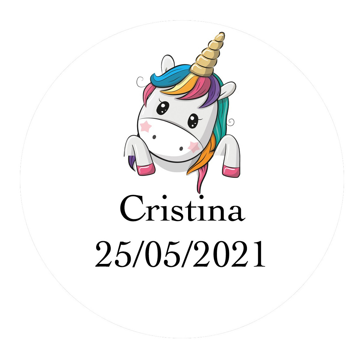 Adesivo unicórnio personalizado para comunhões batizados e aniversários 3cm