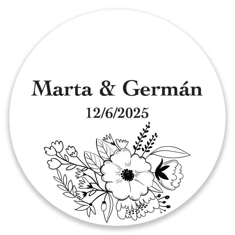Adesivo personalizado floral preto e branco para casamentos e eventos 3cm