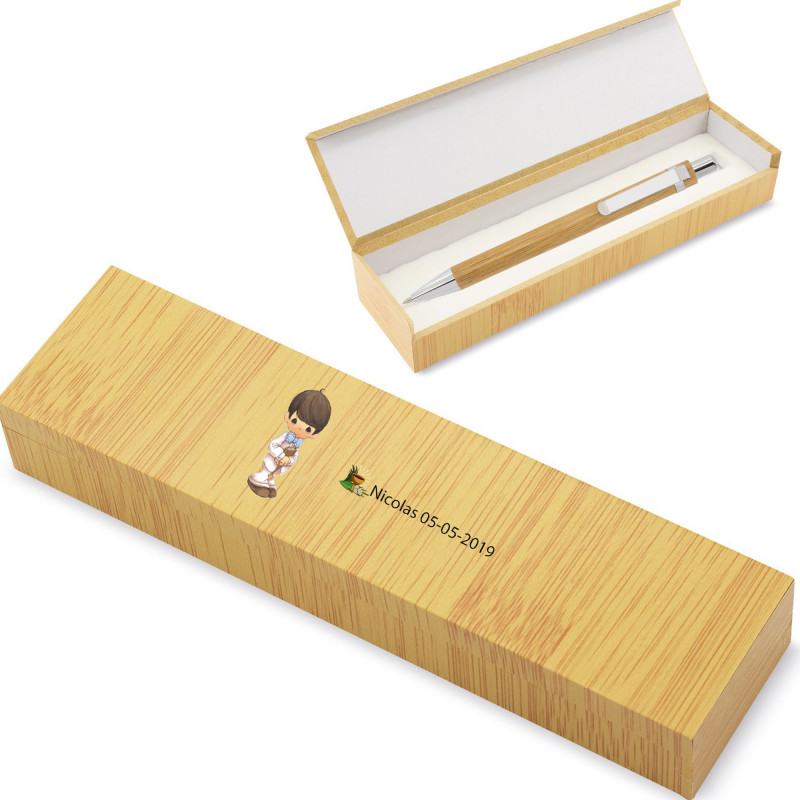 Caneta de bambu em caixa personalizada para comunhão