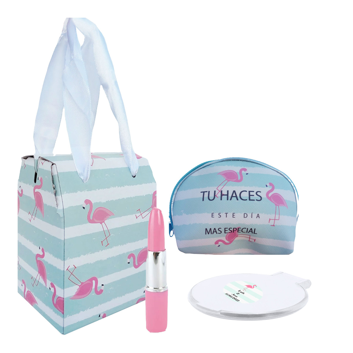 Pacote detalhe de casamento com carteira caneta batom espelho personalizado e caixa com design de flamingos