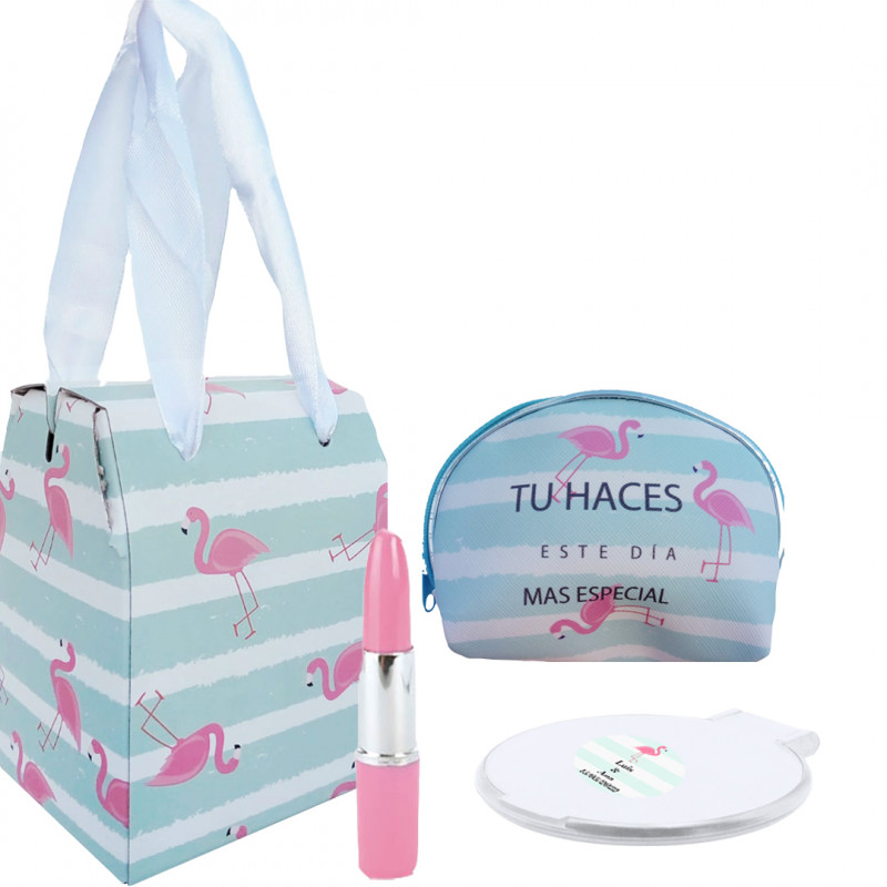 Pacote detalhe de casamento com carteira caneta batom espelho personalizado e caixa com design de flamingos