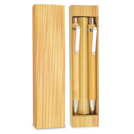 Caneta e lápis infinito de bambu em caixa personalizada