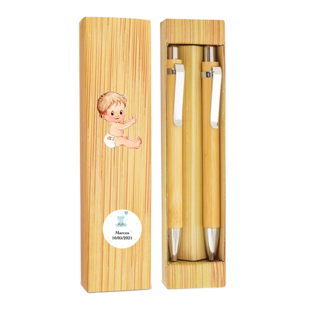 Caneta e lápis infinito de bambu em caixa personalizada