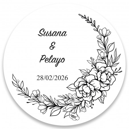 Adesivo personalizado de 5cm para eventos com design floral em preto e branco com fundo transparente.