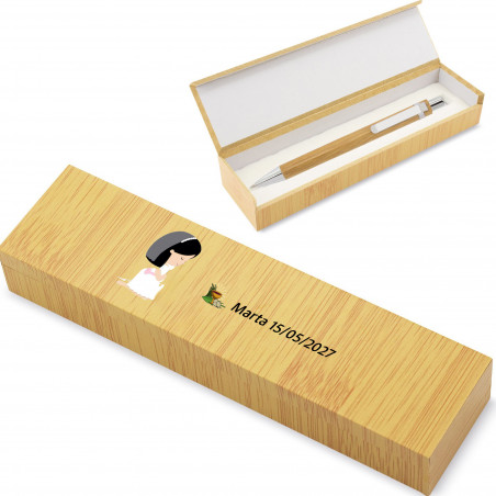 Caneta de bambu personalizada com caixa e adesivos