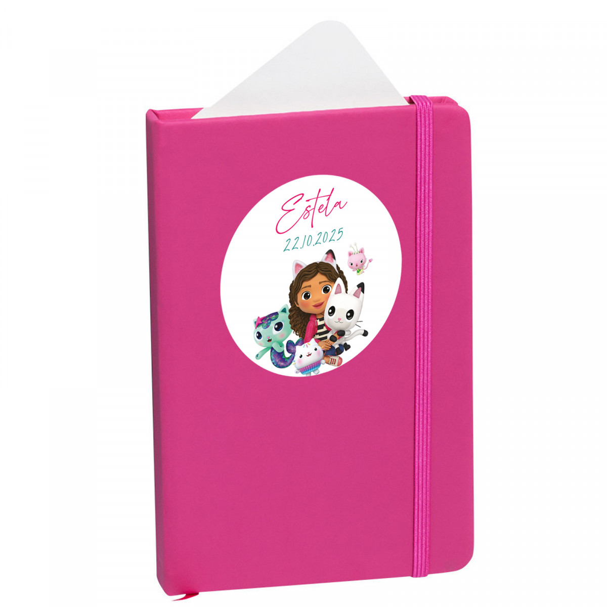 Caderno fúcsia personalizado com adesivo da gabby de 5 cm