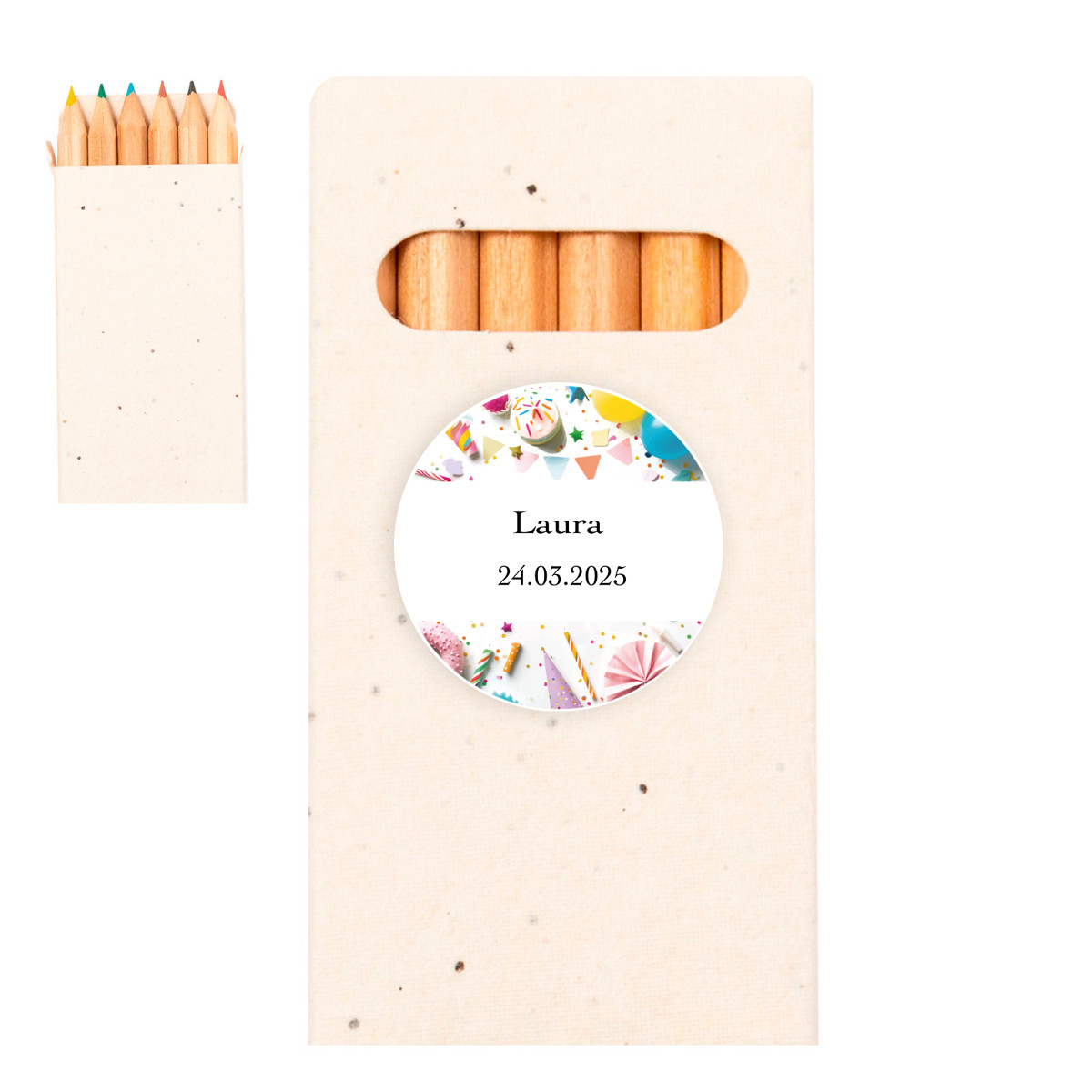 Lápis de cor com sementes em estojo de papelão e adesivo personalizável para detalhes