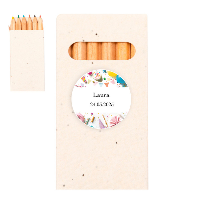 Lápis de cor com sementes em estojo de papelão e adesivo personalizável para detalhes