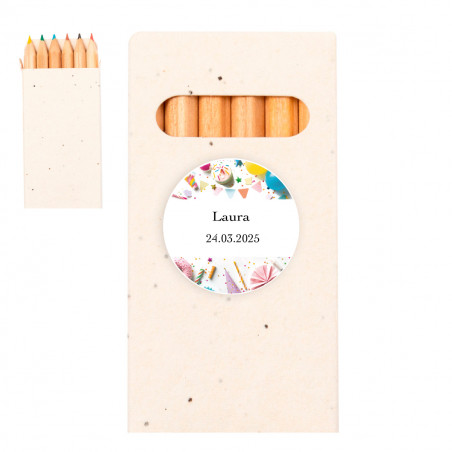 Lápis de cor com sementes em estojo de papelão e adesivo personalizável para detalhes