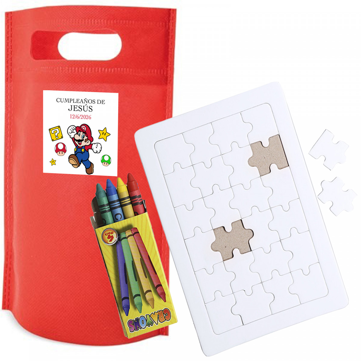 Quebra cabeça para pintar com bolsa e adesivo super mario para detalhes de aniversário