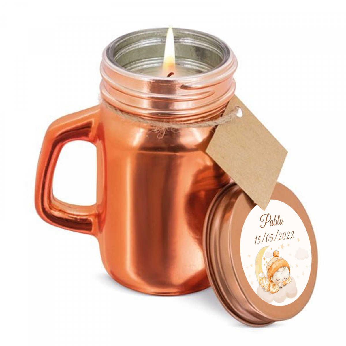 Vela em jarro de cristal personalizada com adesivo para batizado