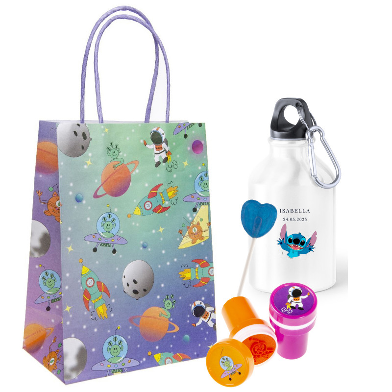 Detalhes Stitch Bidão Personalizado em Bolsa com Brinquedo e Pirulito