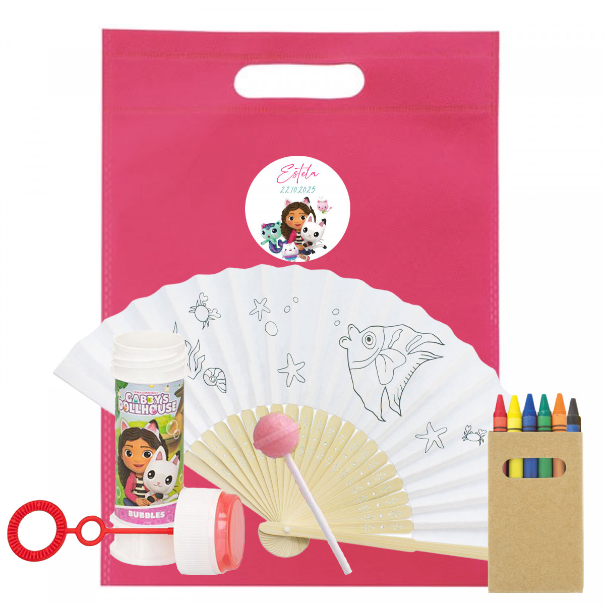 Gabby Gato Leque para Colorir Pompero e Caramelo em Bolsa Fúcsia com Adesivo