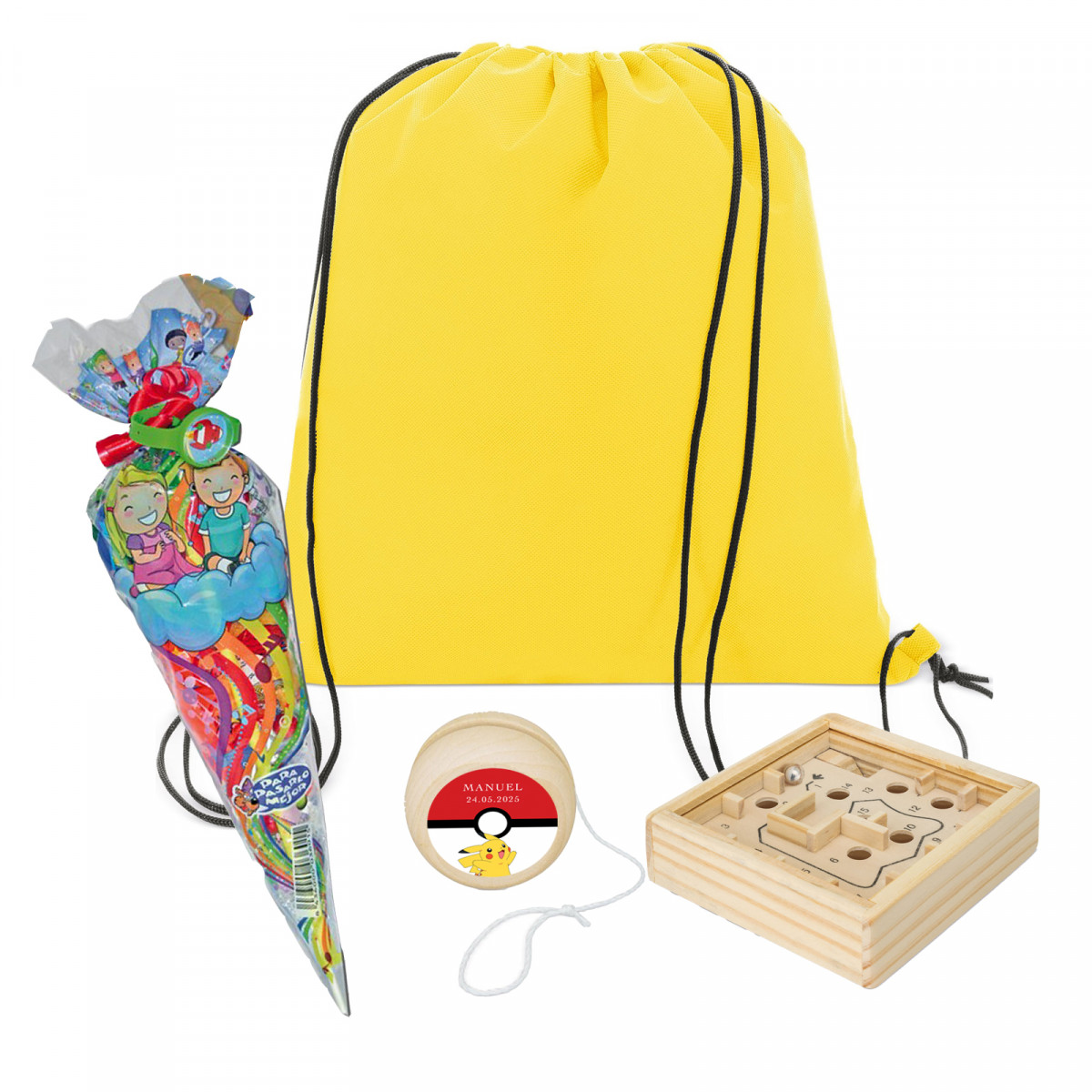 Detalhe Infantil Pokemon com Mochila Amarela, Cone de Doces e Labirinto de Madeira