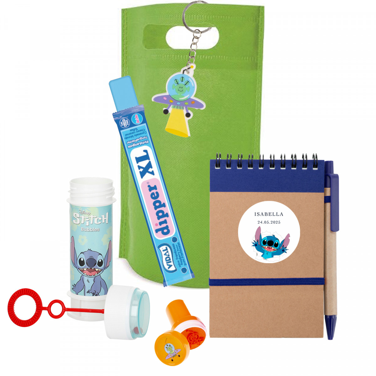 Stitch caderno pompero e chaveiro espacial em bolsa com doce