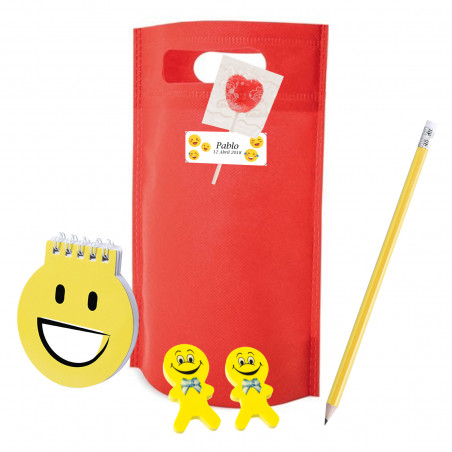 Emoji detalhe infantil para eventos com caderno lápis e borrachas