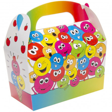 Detalhe infantil com caixa de emojis e guloseimas