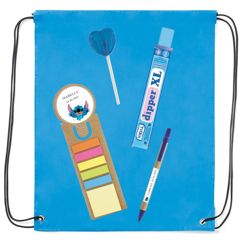 Mochila infantil Stitch com material escolar e guloseimas