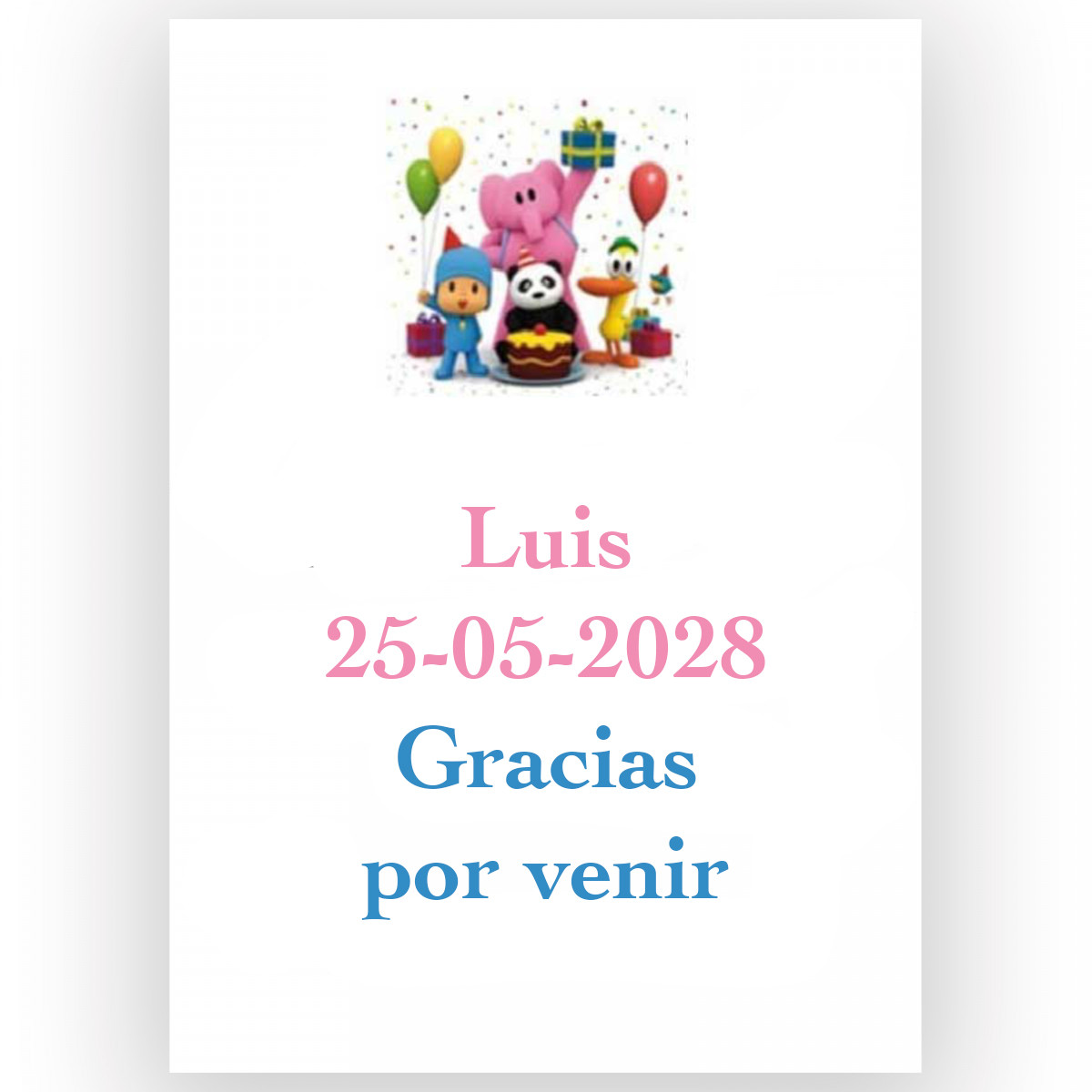 Pocoyó, adesivo personalizado com texto 5x7cm