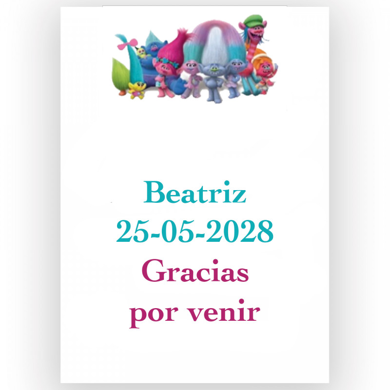 Trolls, adesivo com campos de textos editáveis 7x5cm fundo branco