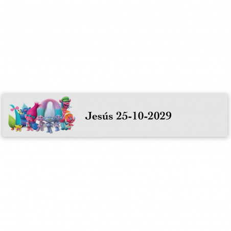 Trolls, etiqueta adesiva 5x1cm transparente para eventos infantis