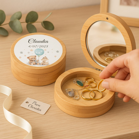 Caixa de joias de bambu com espelho personalizado com adesivo para batizados