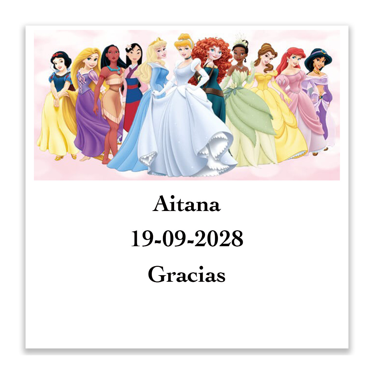 Princesas, adesivo 5x5cm personalizado com texto e fundo branco
