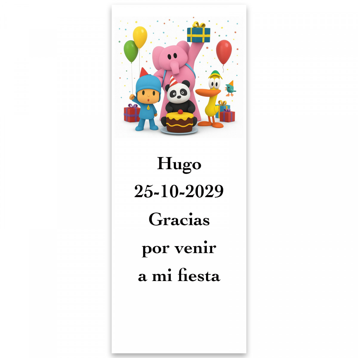 Pocoyó, adesivo personalizado com fundo branco e design vertical 5x13cm