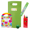 Emojis bolsa presente com livro para colorir, lápis, bola e doce