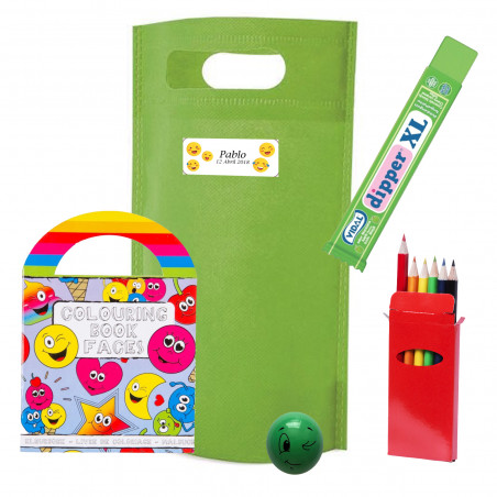 Emojis bolsa presente com livro para colorir, lápis, bola e doce