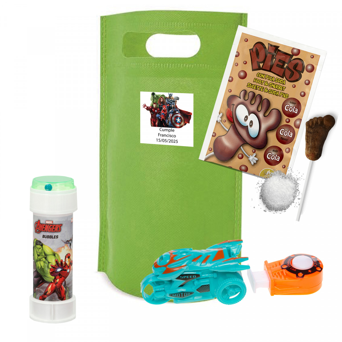 Conjunto de aniversário dos Vingadores com bolha de sabão, brinquedo e doce