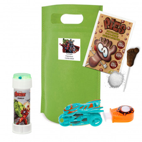 Conjunto de aniversário dos Vingadores com bolha de sabão, brinquedo e doce