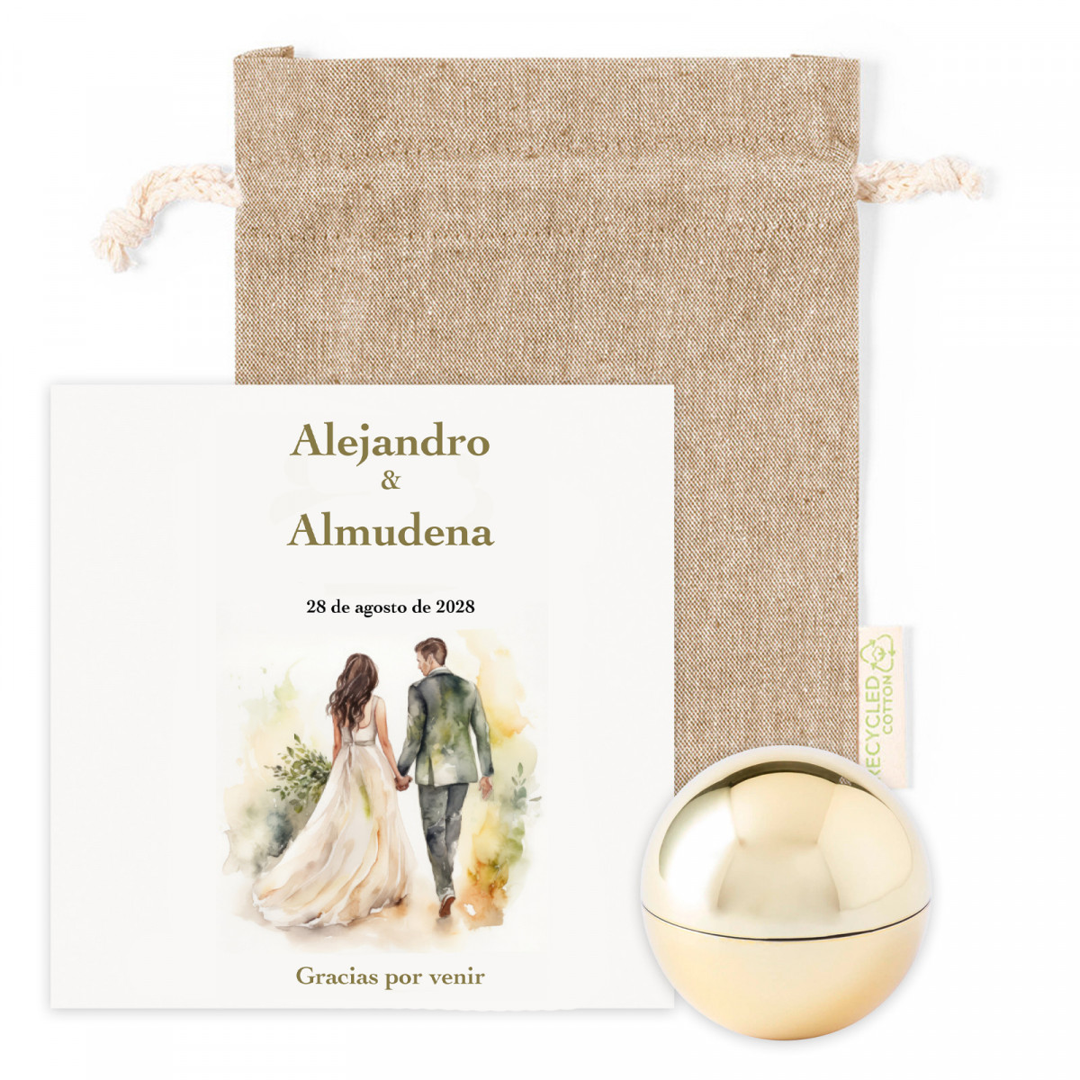 Bálsamo labial dourado com cartão de agradecimento em bolsa de tecido para lembrancinhas de casamento