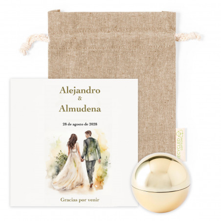 Bálsamo labial dourado com cartão de agradecimento em bolsa de tecido para lembrancinhas de casamento