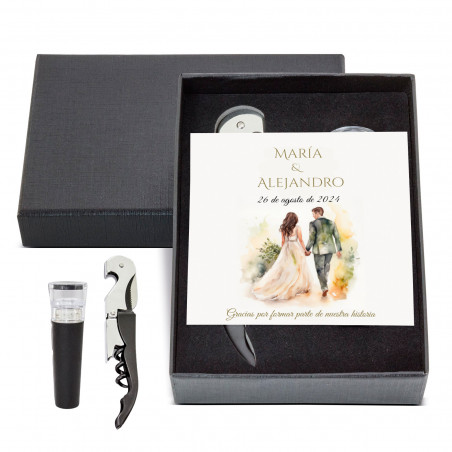 Estojo com rolha e saca-rolhas em caixa com cartão personalizado para lembrancinhas de casamento