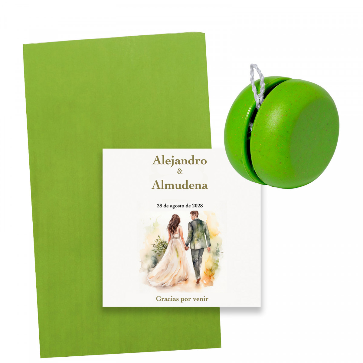 Yoyô verde de cana de trigo em envelope com cartão personalizável para casamentos