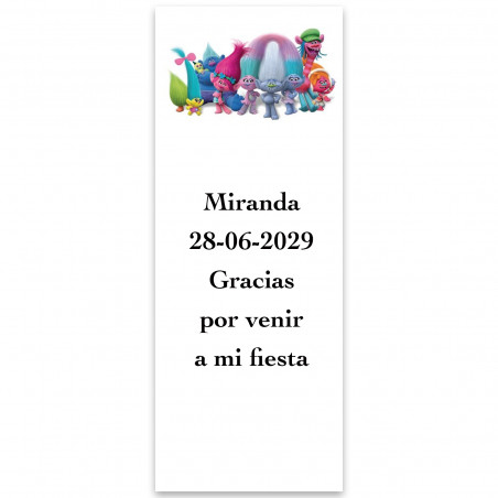 Trolls, etiqueta adesiva editável 13x5cm com fundo branco