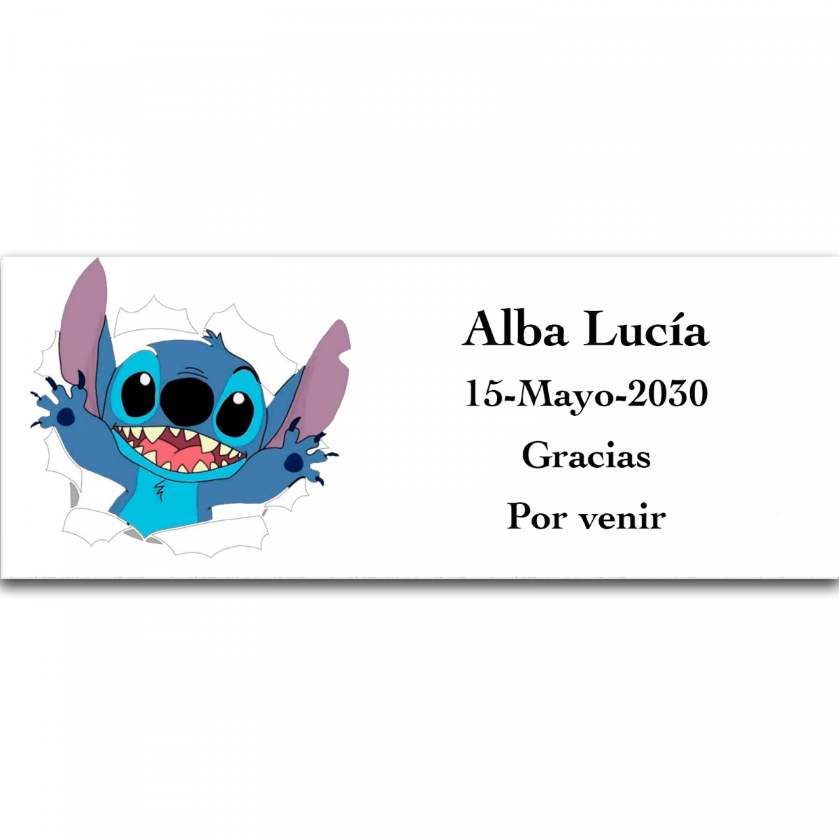 Stitch, etiqueta adesiva personalizada com textos editáveis 13x5cm
