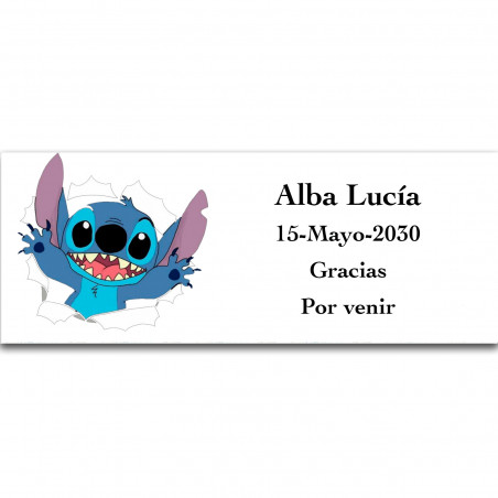 Stitch, etiqueta adesiva personalizada com textos editáveis 13x5cm