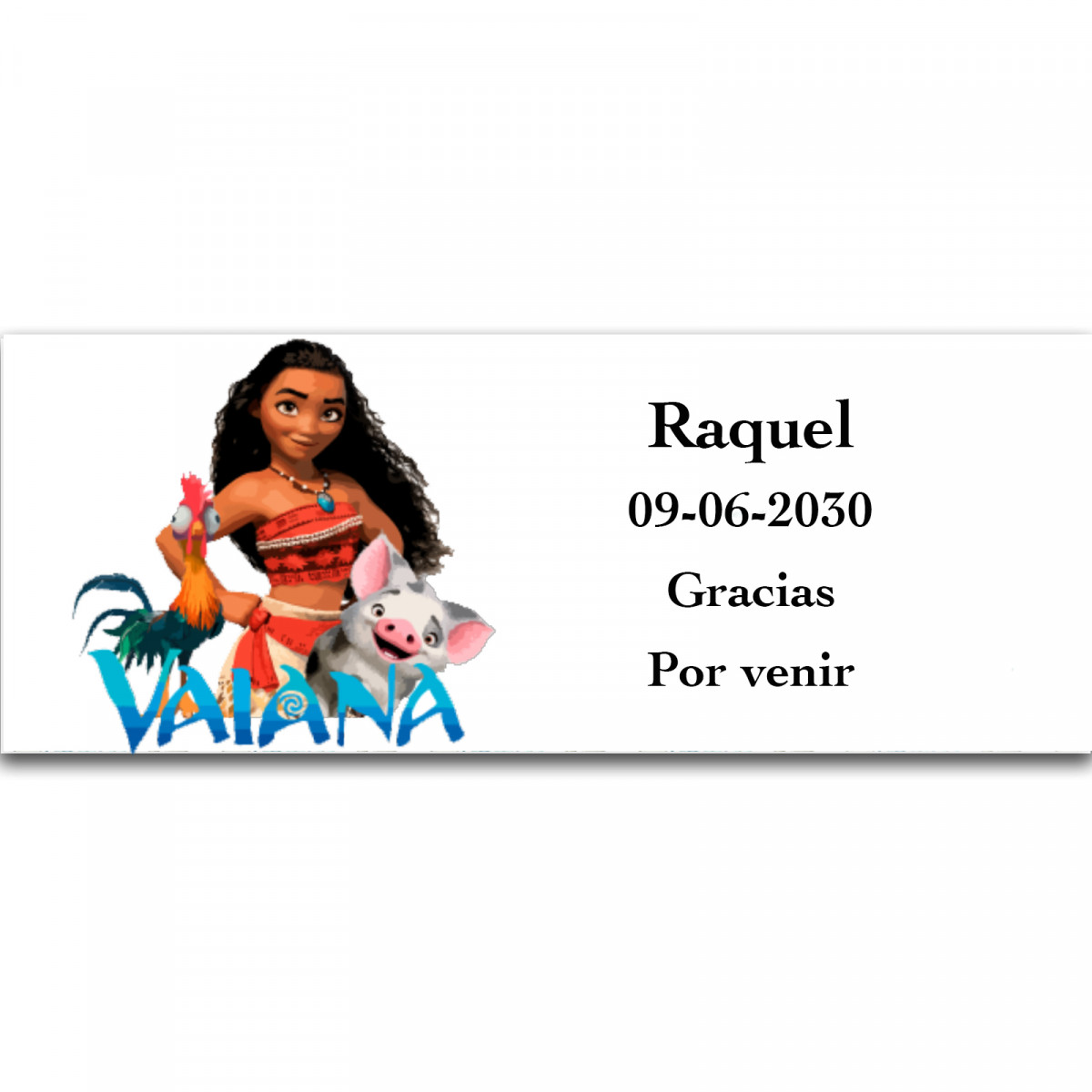 Vaiana Moana, etiqueta adesiva com textos editáveis 13x5cm