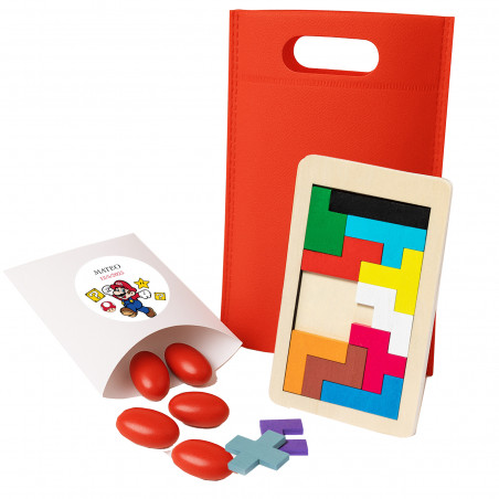 Súper Mario Bros, Quebra-cabeça Tetris de Madeira e Caixa com Confeitos Vermelhos Personalizados