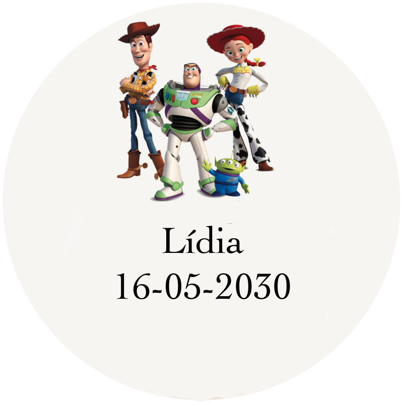 Toy story em um adesivo redondo de 3 cm com fundo transparente