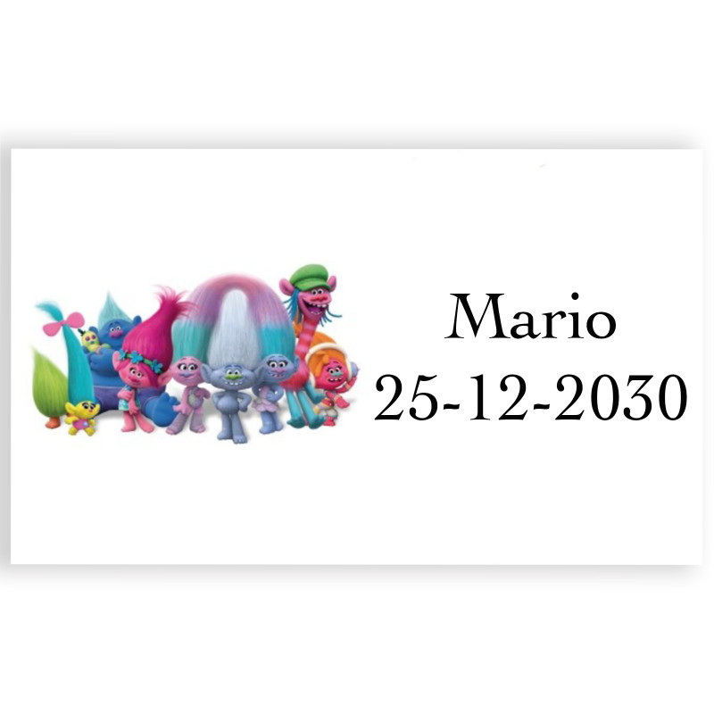 Trolls adesivo personalizado com texto 3x5cm para eventos infantis